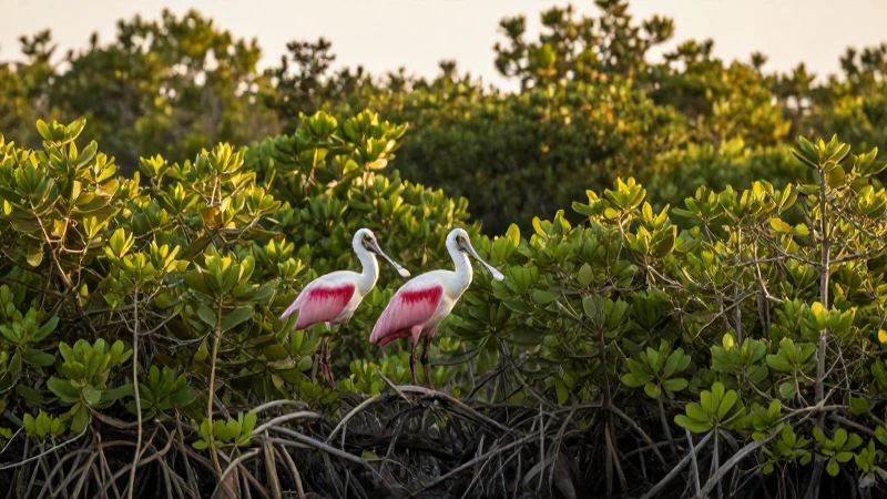 Flamenco rosado en manglar, luz dorada