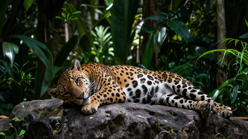 FAUNA DEL ESTADO DE GUERRERO: DESCUBRE ANIMALES ÚNICOS 7 Jaguar descansando en roca, luz dramática