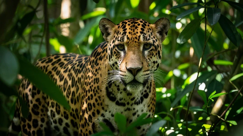 FAUNA DEL ESTADO DE GUERRERO: DESCUBRE ANIMALES ÚNICOS 4 Jaguar en selva, luz vibrante y cinematográfica
