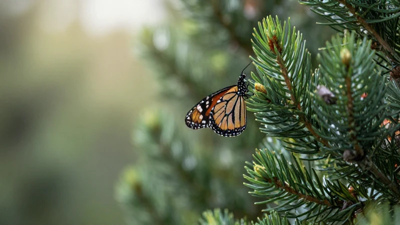 FAUNA Y FLORA DE QUERÉTARO: DESCUBRE SU RIQUEZA NATURAL 3 Mariposas monarca en pinos, luz natural suave