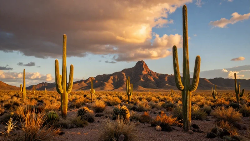 Vegetación de Sonora: DESCUBRE su RICA FAUNA y FLORA 9 Saguaro en desierto, luz dorada, vida vibrante
