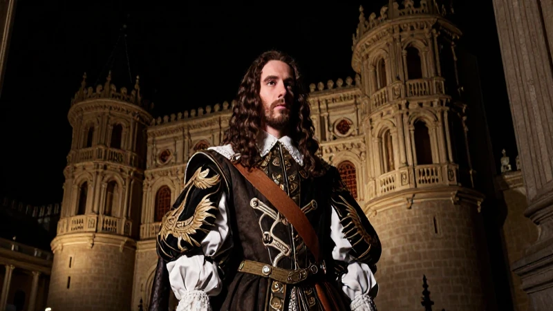 Felipe II joven, castillo suntuoso y luces contrastantes