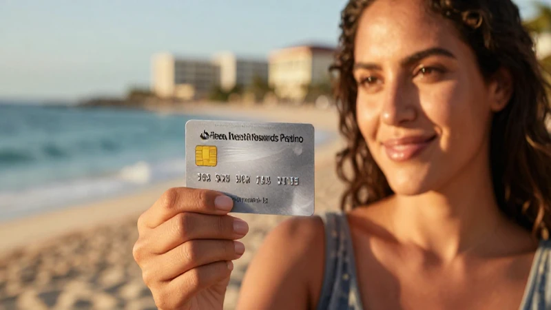 Mujer sonríe con tarjeta en la playa