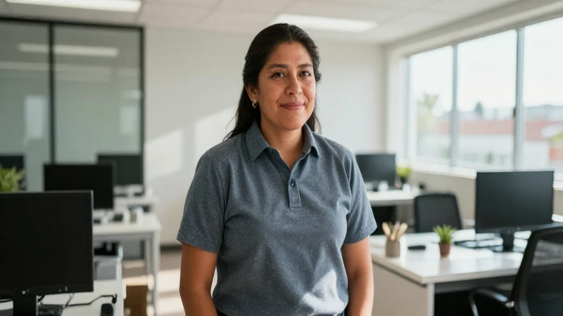 Mujer mestiza con piel dorada en oficina