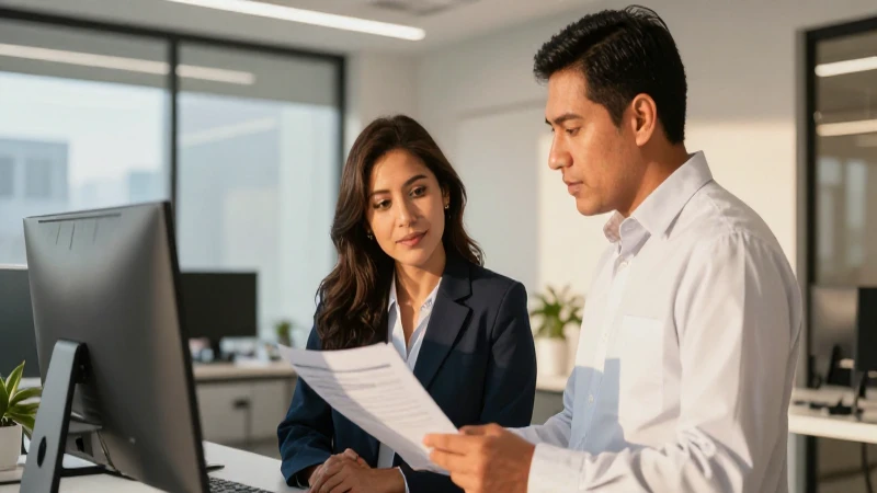 Dos profesionales revisan gráficos en una oficina moderna