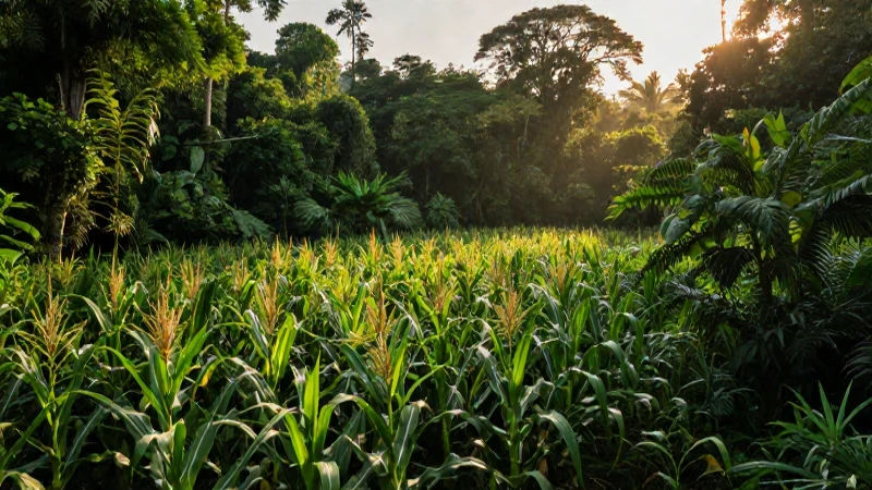 FLORA DE CAMPECHE: DESCUBRE su RIQUEZA y BELLEZA NATURAL 5 Selva exuberante, maíz maya, luz dorada, realismo
