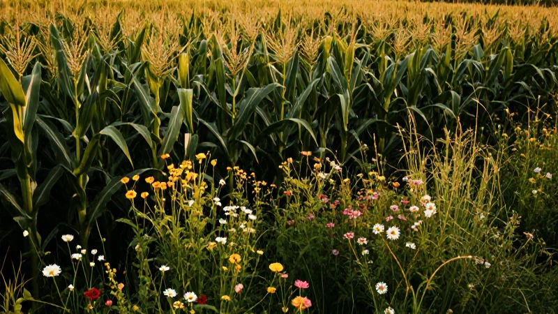 FLORA DE MORELOS: Descubre su RIQUEZA y BELLEZA ÚNICA 6 Campo de maíz dorado, flores vibrantes, luz cálida