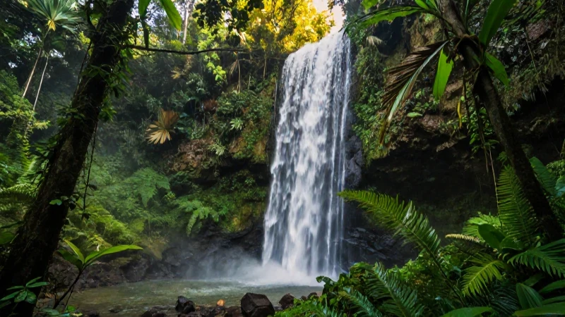 FLORA DEL ESTADO DE GUERRERO: DESCUBRE SU VEGETACIÓN ÚNICA 1 Selva exuberante, cascada y luz cinematográfica
