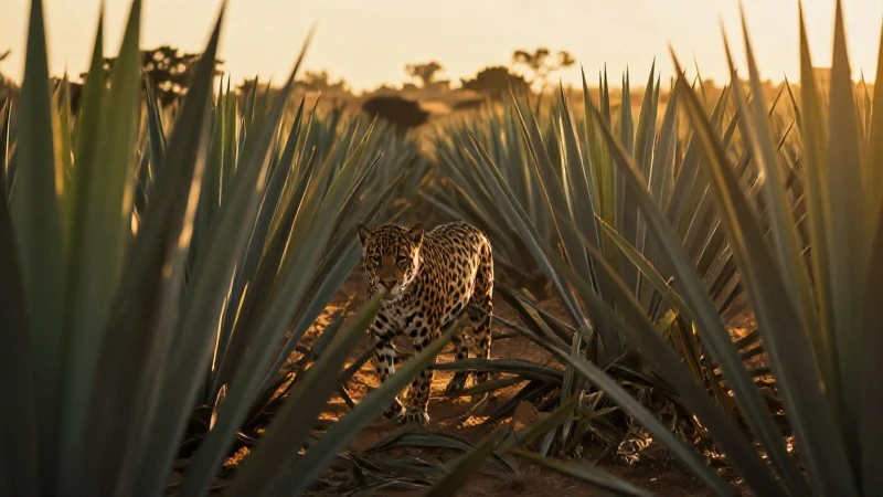 Yaguar en campo de agave, luz dorada