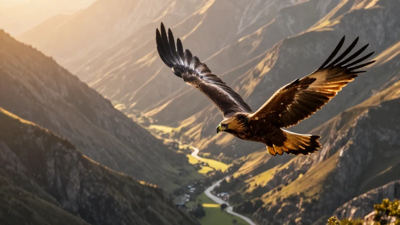 Águila dorada vuela sobre valle soleado