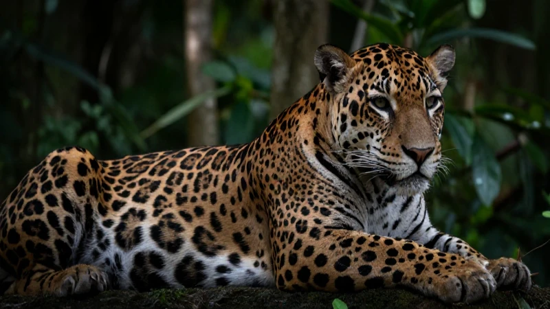 Jaguar descansando en detallado y vibrante entorno
