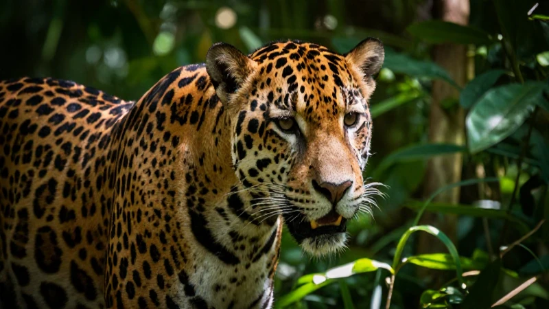 Yaguar en selva, luz y color vibrantes