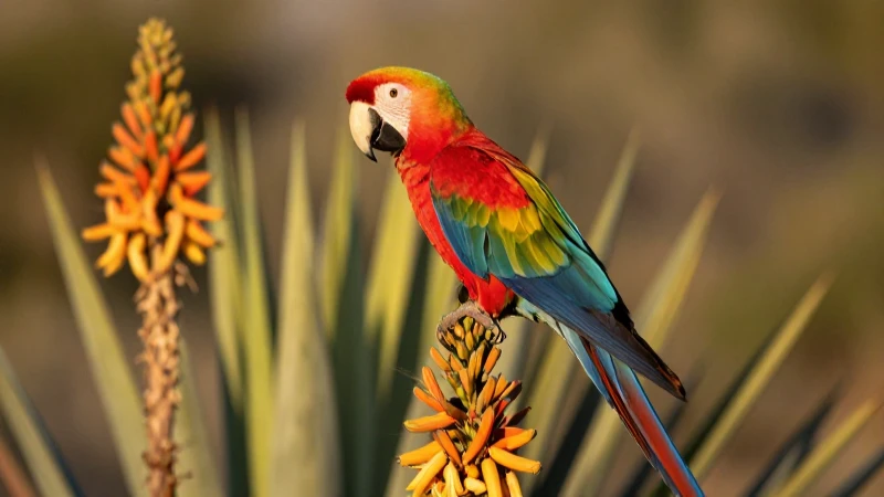 Guacamayo escarlata posado en agave floral