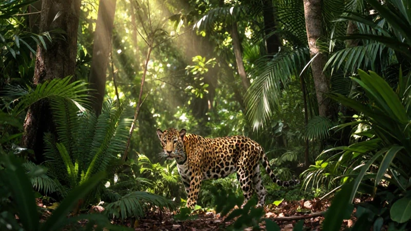 Jaguar en selva oaxaqueña, luz vibrante y detallada