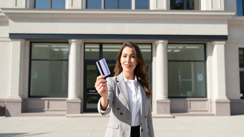 Guía completa de Fondeadora para tarjetas de crédito y débito 3 Mujer con tarjeta frente a un banco