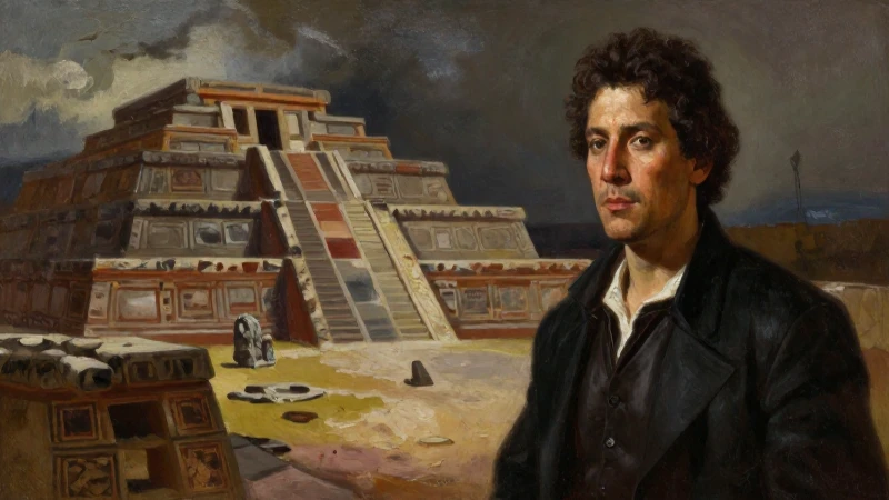 Biografía de FRANCISCO DE MONTEJO, el ADELANTADO - Su LEGADO 9 Pintura al óleo de Montejo y ruinas aztecas