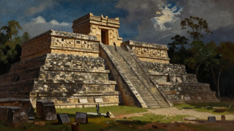 Biografía de FRANCISCO DE MONTEJO, el ADELANTADO - Su LEGADO 5 Pintura al óleo de Montejo y ruinas mayas
