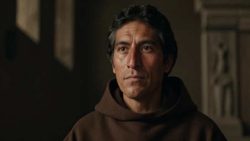 Un fraile franciscano, mestizos bajo luz suave