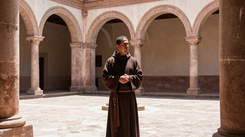 Monje mestizo bajo luz cálida y antigua arquitectura