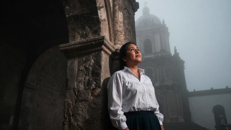 Arquitectura románica, misteriosa luz y siluetas lejanas