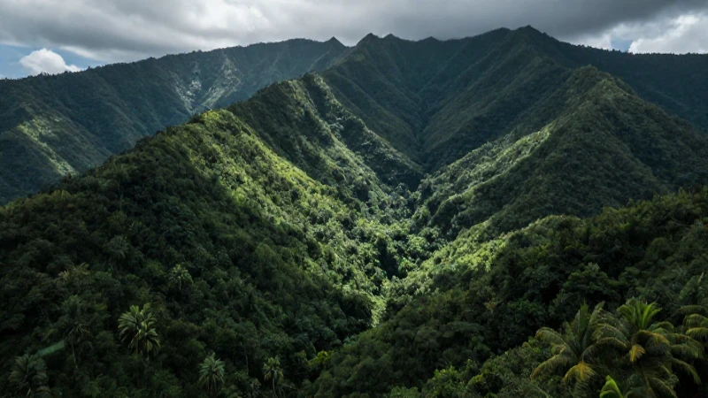 Montañas exuberantes con vegetación tropical hiperrealista
