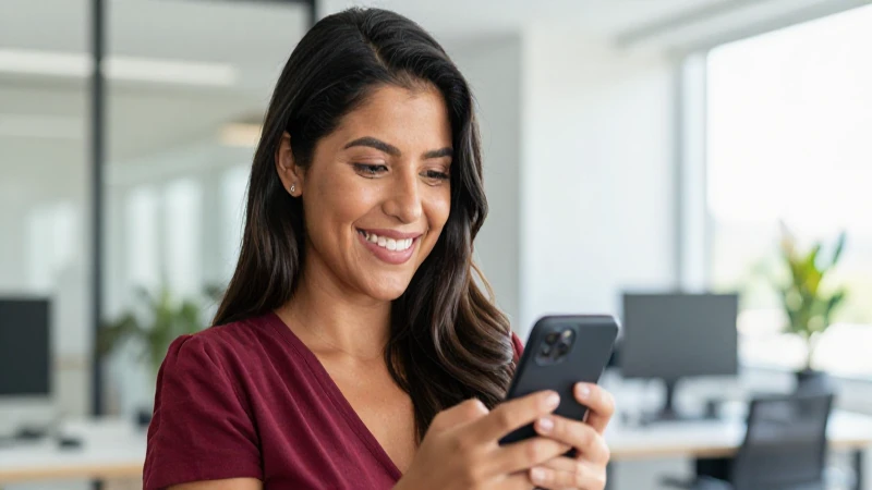 Mujer mestiza sonriente usando su teléfono