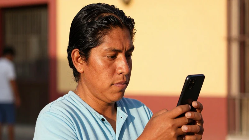Joven mestiza sonríe al sol con su móvil