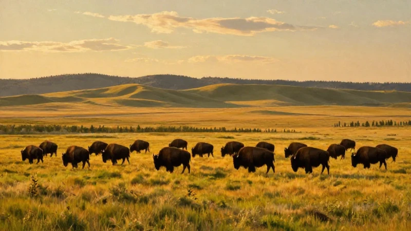 Pradera, bisontes, luz dorada, pintura realista