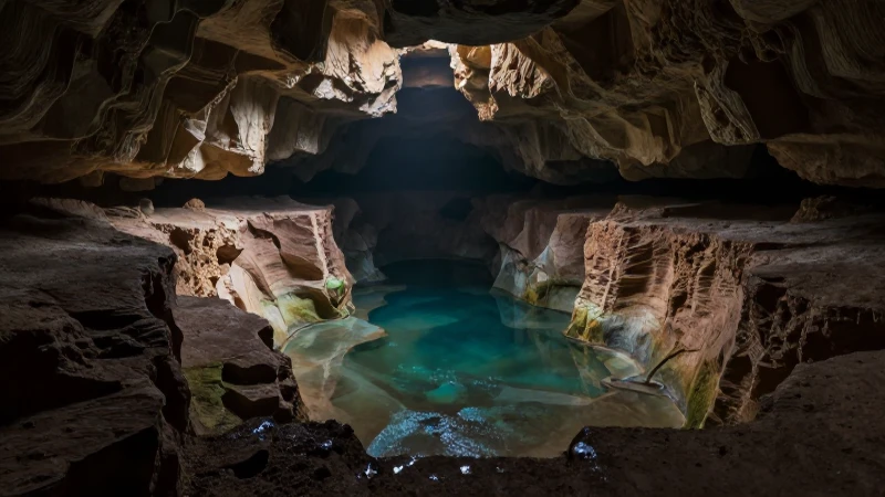 Paisaje subterráneo iluminado, dramático y cinematográfico