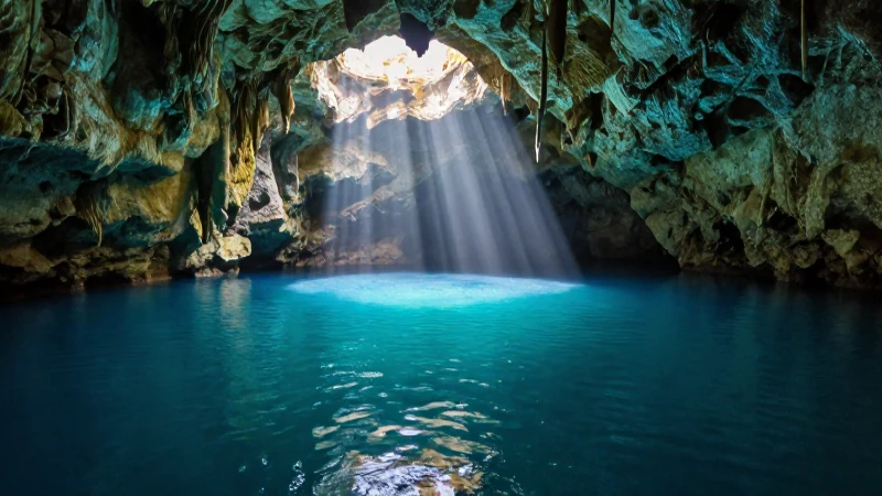 Cenote yucateco: luz, agua turquesa, realismo