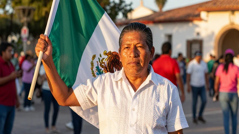 Celebración mexicana con luz dorada y colores vivos