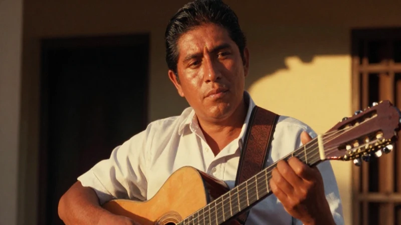 Guitarrista mestizo, luz cálida, foto antigua