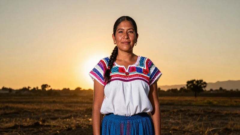 Mujer yucateca con huipil, al atardecer