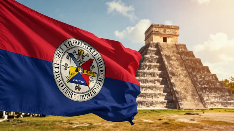 Banderas yucatecas, pirámides, luz dorada vibrante