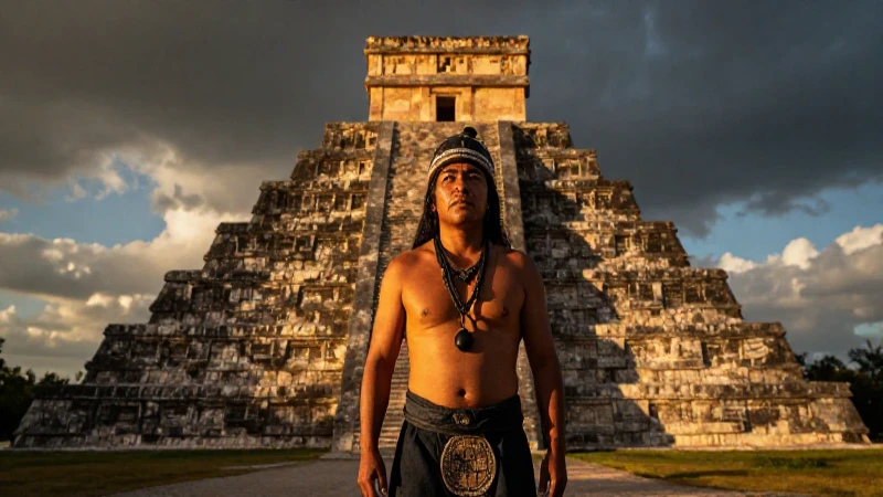 Guerrero tlaxcalteca frente a pirámide dorada