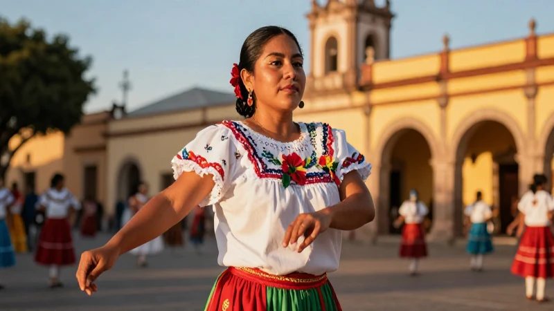 Bailarina mexicana, piel dorada, plaza histórica