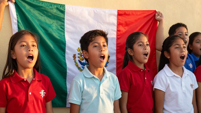 Himno Nacional MEXICANO: LETRA y CANTO ESCOLAR Esencial 5 Niños cantan bajo la bandera mexicana al sol