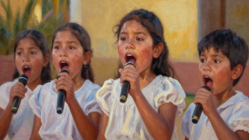 Himno Nacional MEXICANO: LETRA y CANTO ESCOLAR Esencial 3 Niños mestizos cantan al atardecer, estilo óleo