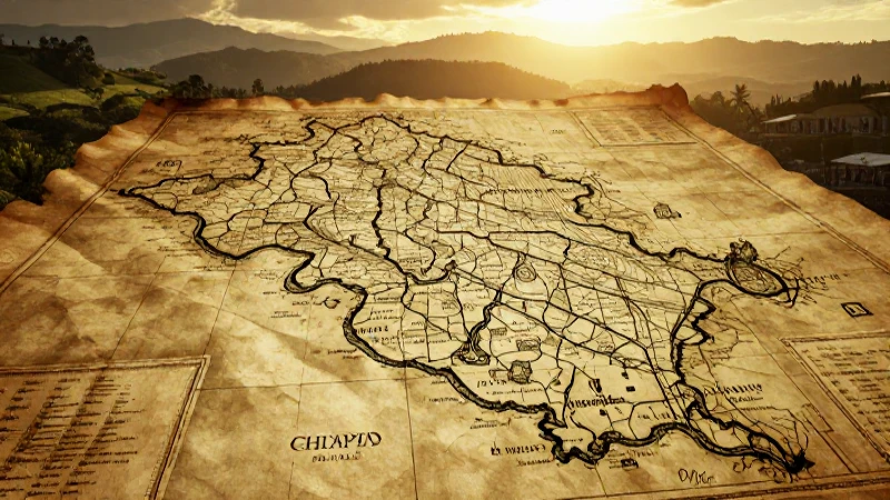 ORIGEN y HISTORIA de CHIAPAS: Descubre su LEGADO CRONOLÓGICO 8 Antiguo mapa chiapaneco en luz dorada
