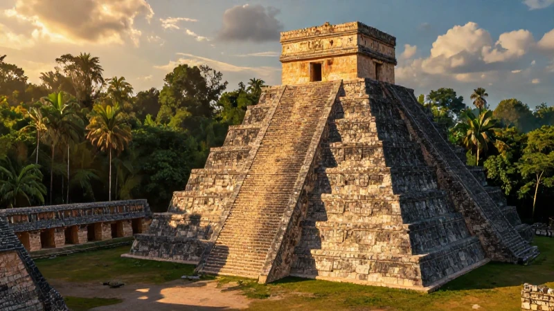 Pirámides mayas en selva al atardecer