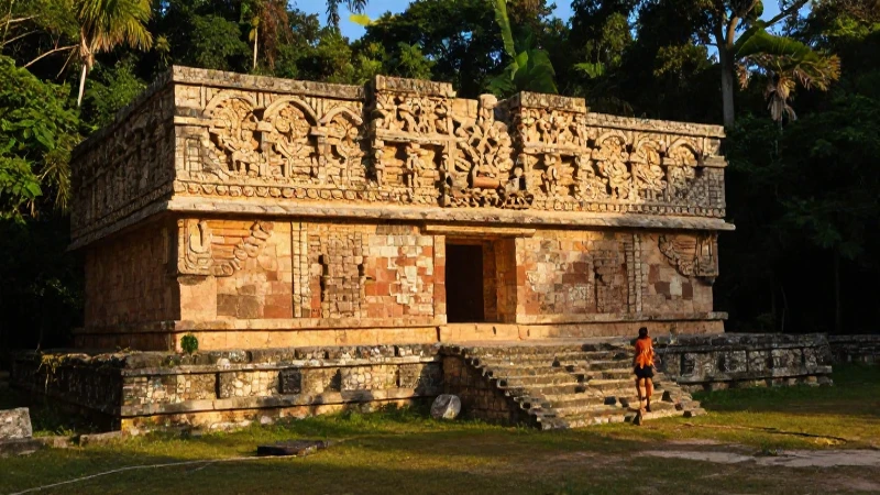 Ruinas mayas, luz dorada, persona mestiza en la jungla