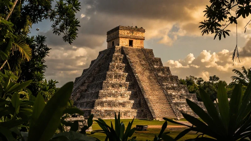 Pirámide maya bañada en luz dorada
