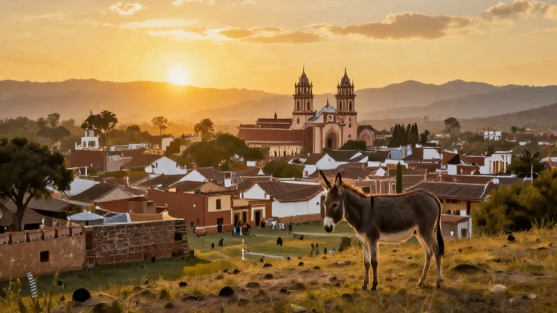 Burro en pueblo antiguo, luz dorada