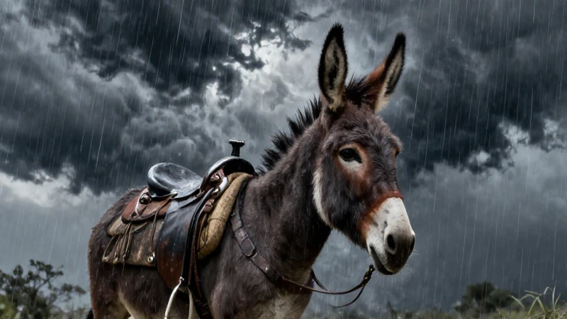 Asno mestizo mira la tormenta épica