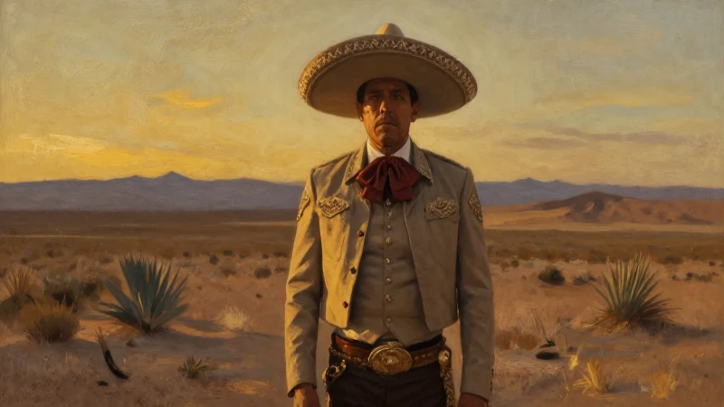 Historia de JESÚS MALVERDE: El SANTO de los NARCOS 3 Bandido mexicano en desierto, estilo óleo dramático