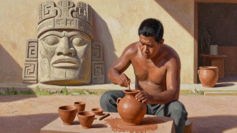 Historia de Puebla: Descubre sus Secretos en Cronología 3 Artesano mixteco crea cerámica bajo luz cálida