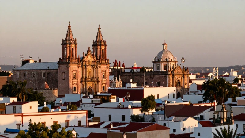 Ciudad mexicana, cálida y dorada al atardecer