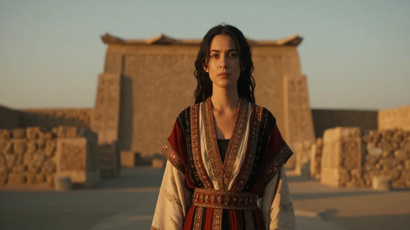 Mujer vestida en ruinas, luz dorada