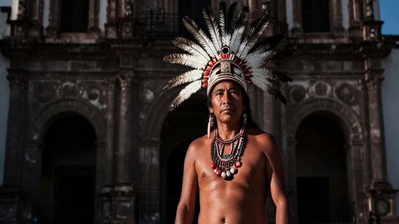Guerrero tlaxcalteca, con plumas, en luz dramática