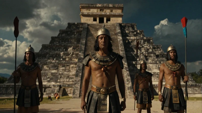 Guerreros tlaxcaltecas frente a pirámide azteca